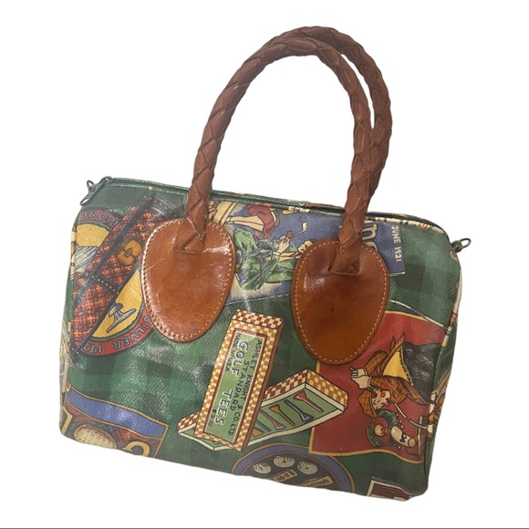 Vtg Nordic House Design Novelty Golf Theme Braided Leather Handles Trim SATCHEL - Picture 2 of 13